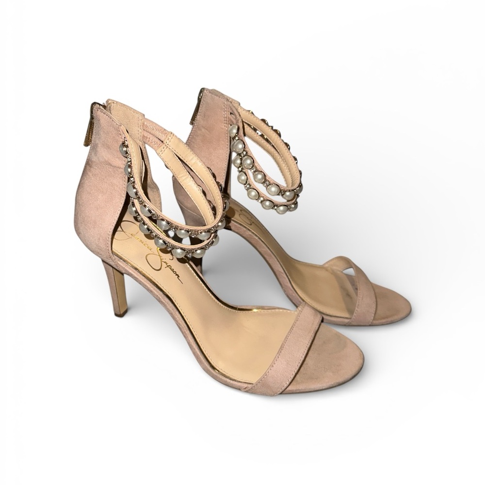 Jessica Simpson Jalinda 2 Blush Embellished Ankle Strap Heels Faux Suede size 10
